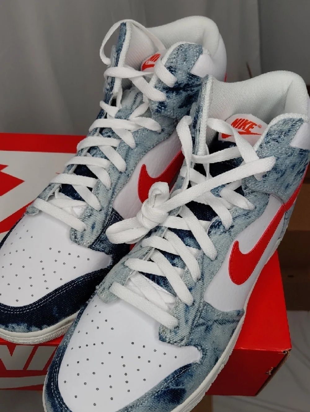 Nike Dunk High White with Red Swoosh and Blue Marble Panels